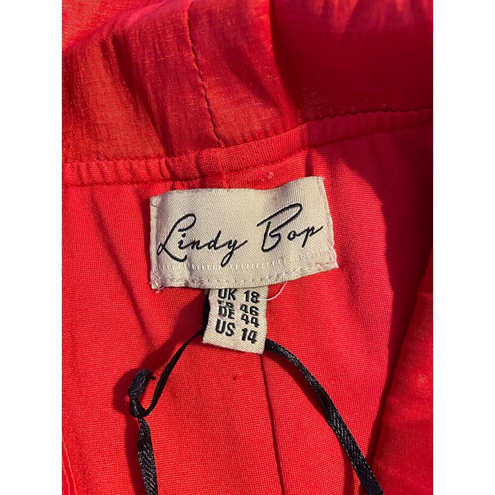 Lindy Bop Red 100% Silk 50s Vintage Style Midi Dress Pockets Size 14 - Picture 2 of 5